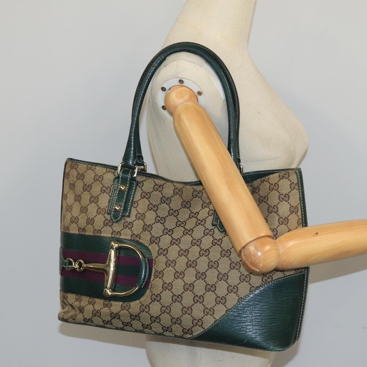 GUCCI GG Canvas Sherry Line Hand Bag Beige Green 99917