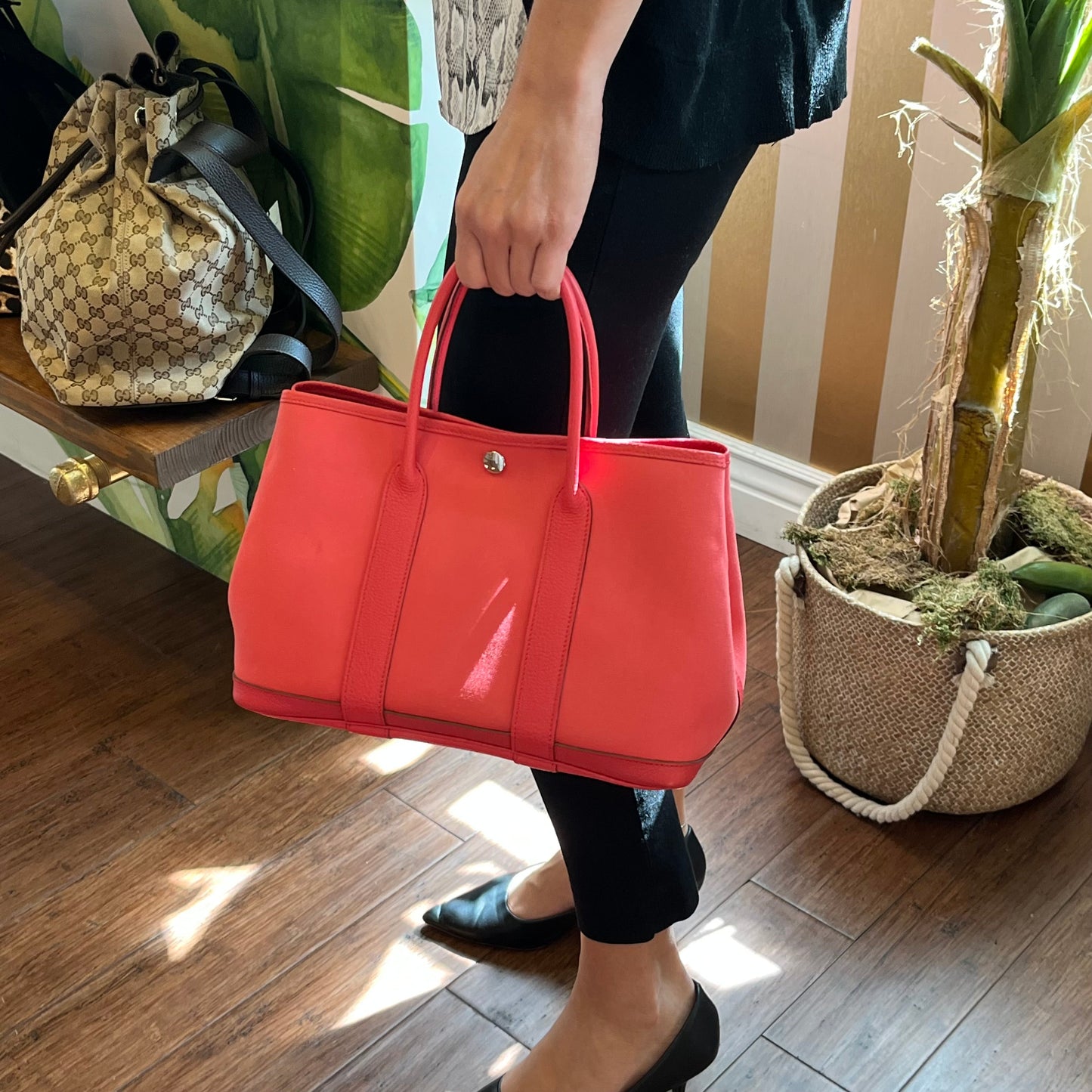 HERMES Garden Party 30 Pink Clémence Toile Tote