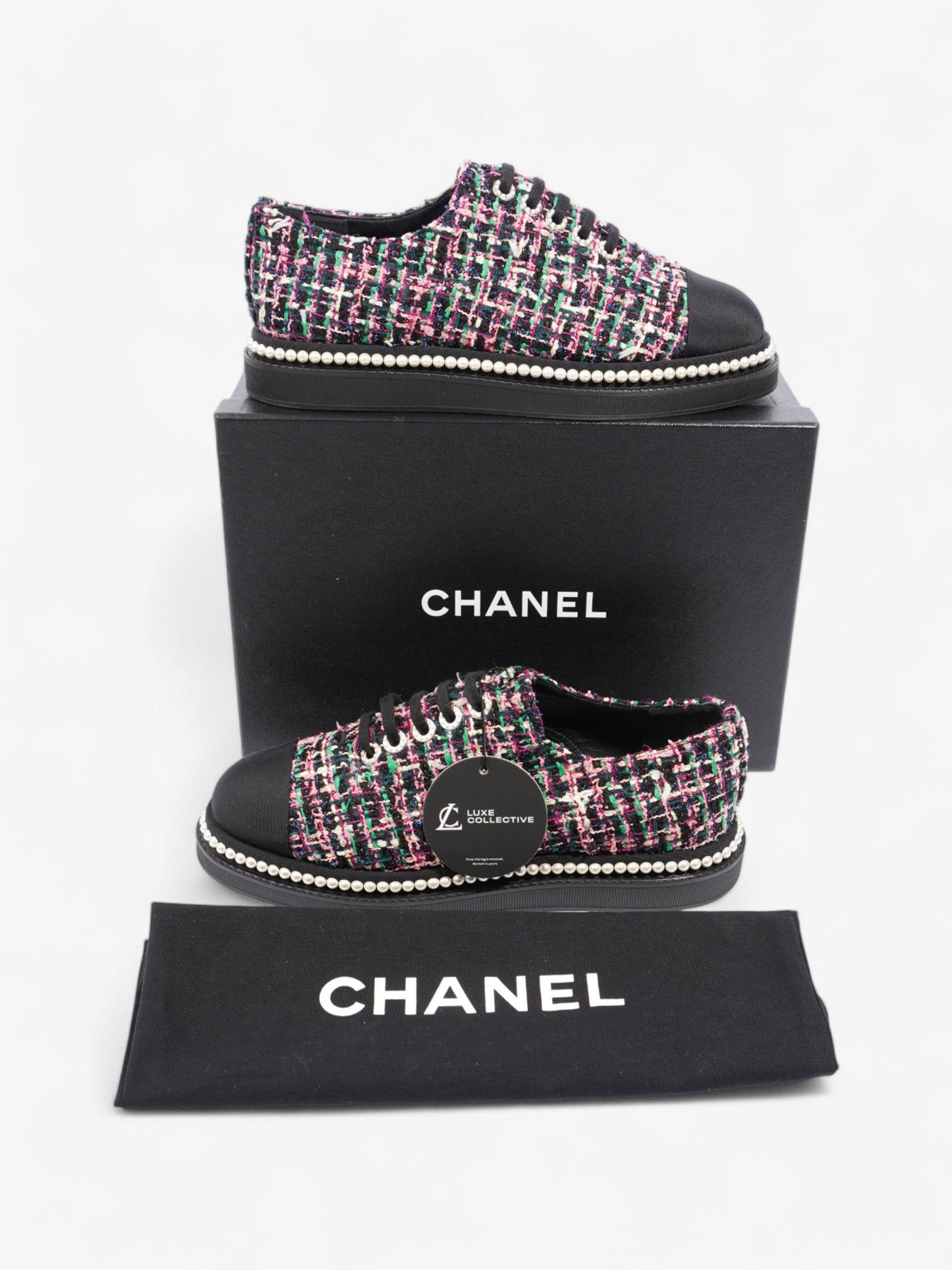 Chanel Tweed Faux Pearl Lace Up Multicolour / Black Tweed EU 39.5 UK 6.5