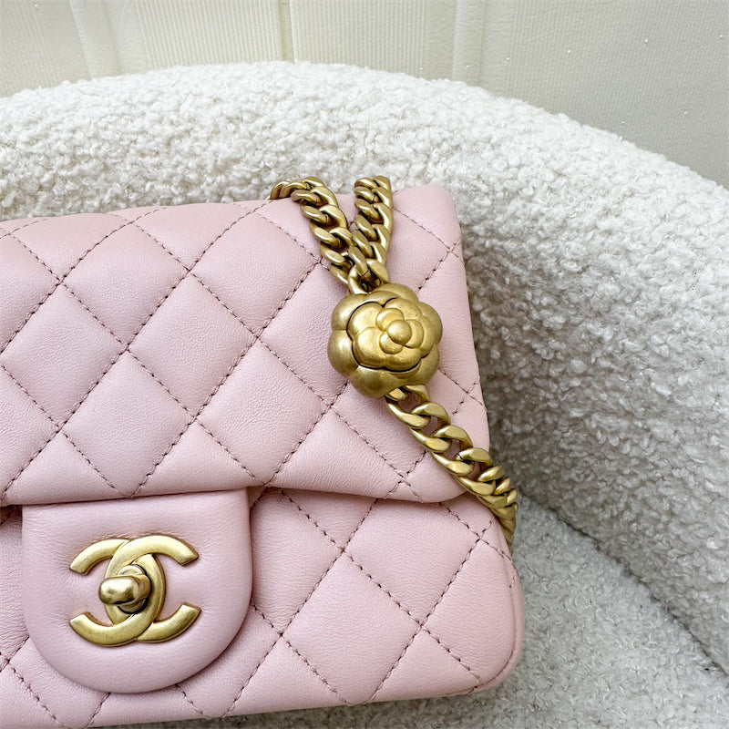 GLM-Camellia Crush Adjustable Chain Mini Square Flap in 23S Sakura Pink Stiff Lambskin and AGHW (Model: AS4040)
