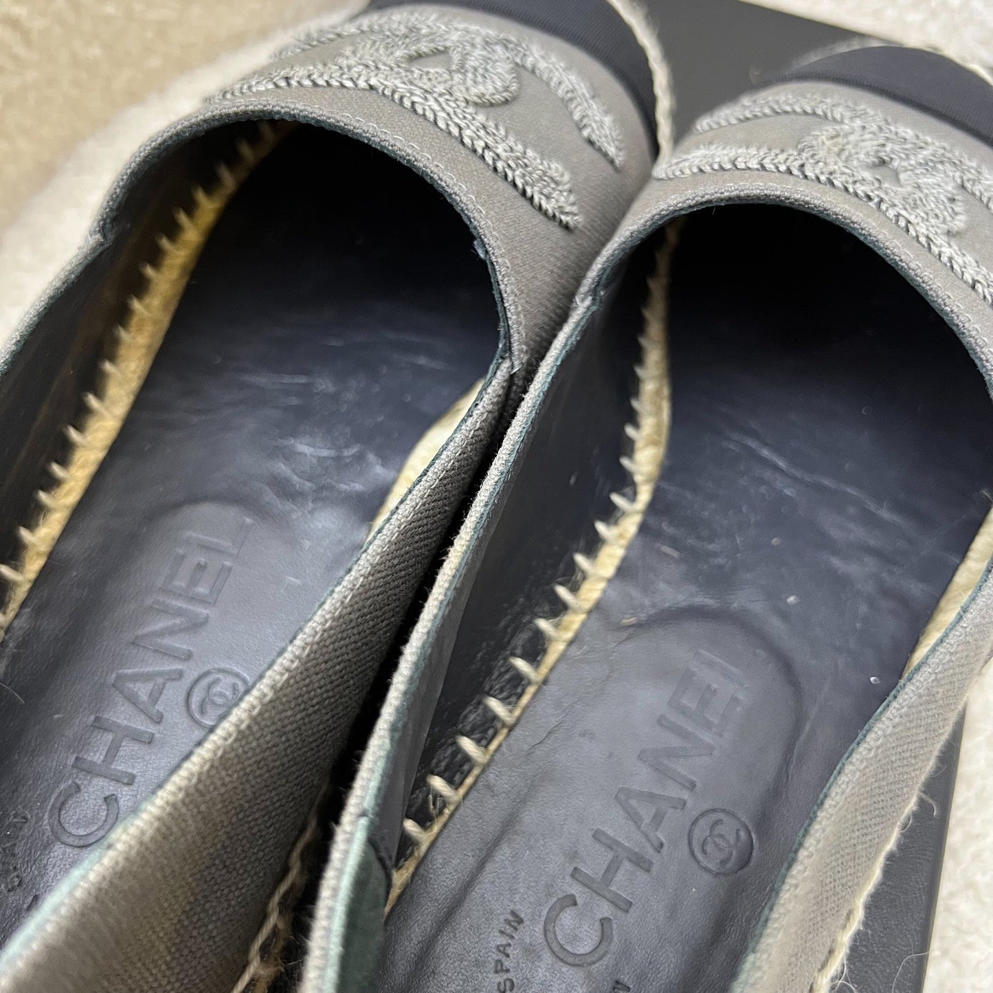 GLM-Espadrilles in Grey Canvas and Black Gosgrain Sz 37