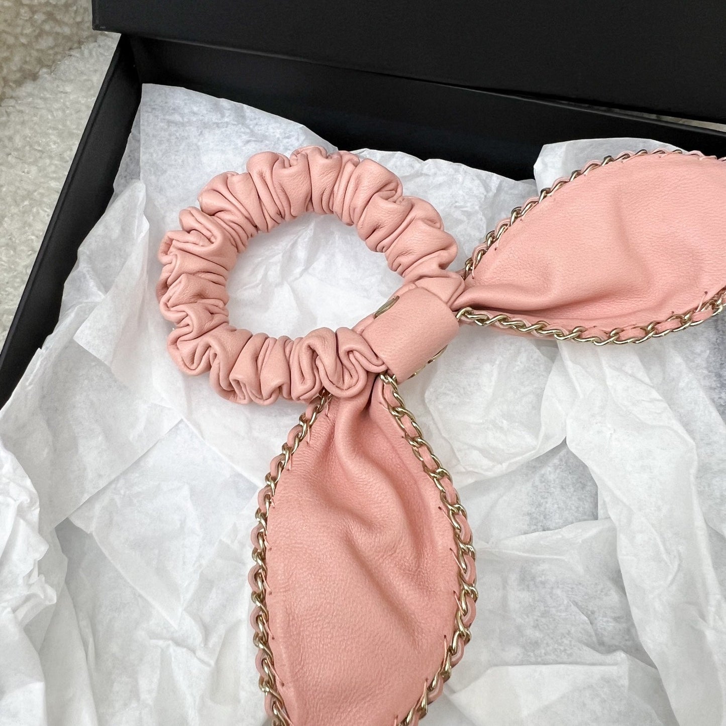 GLM-Hair Scrunchie Tie in Peach Pink Lambskin in LGHW