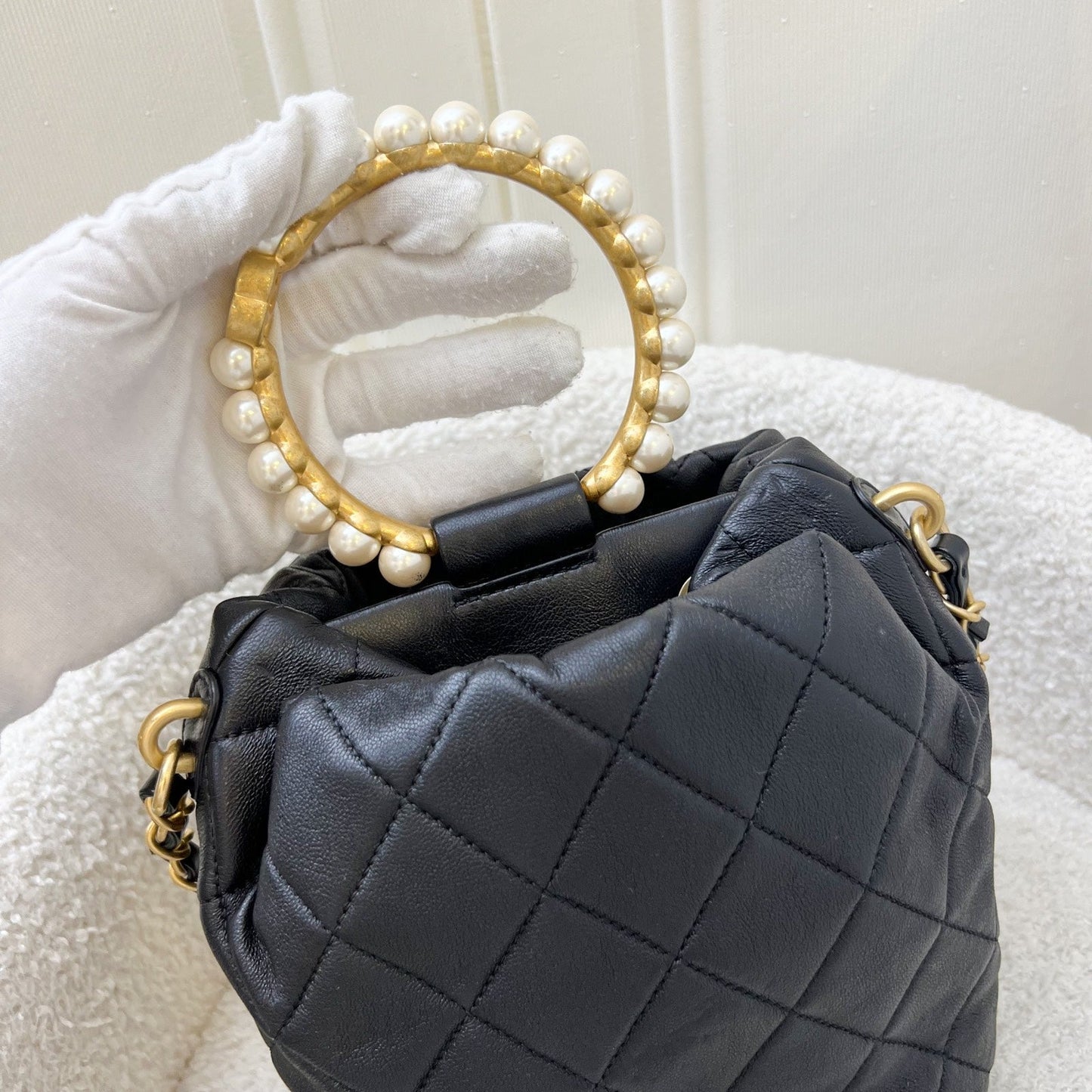 GLM-Pearl Handle Mini Drawstring Bucket Bag in Black Lambskin and AGHW (Model: AS2608)