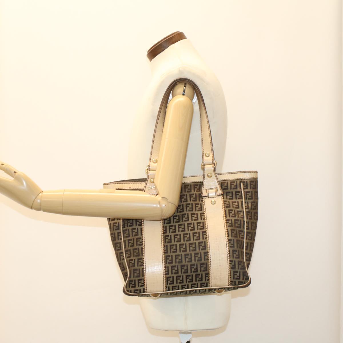 FENDI Zucchino Canvas Shoulder Bag Leather Brown ac2009