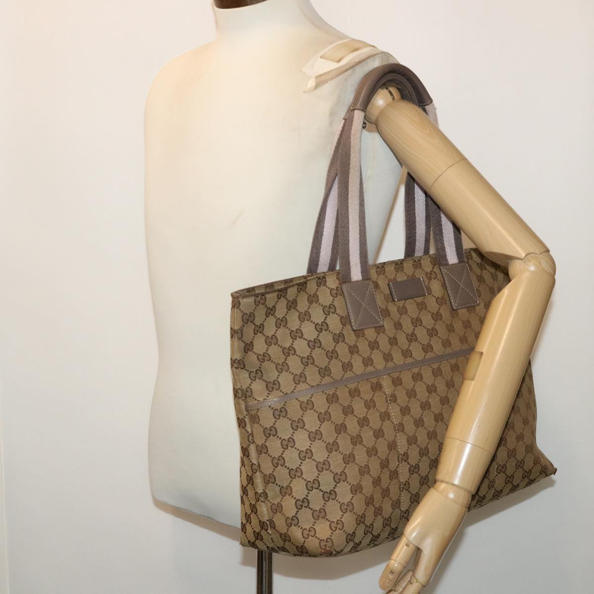 GUCCI GG Canvas Web Sherry Line Nylon Mat Hand Bag 2Set Beige Pink ac2073