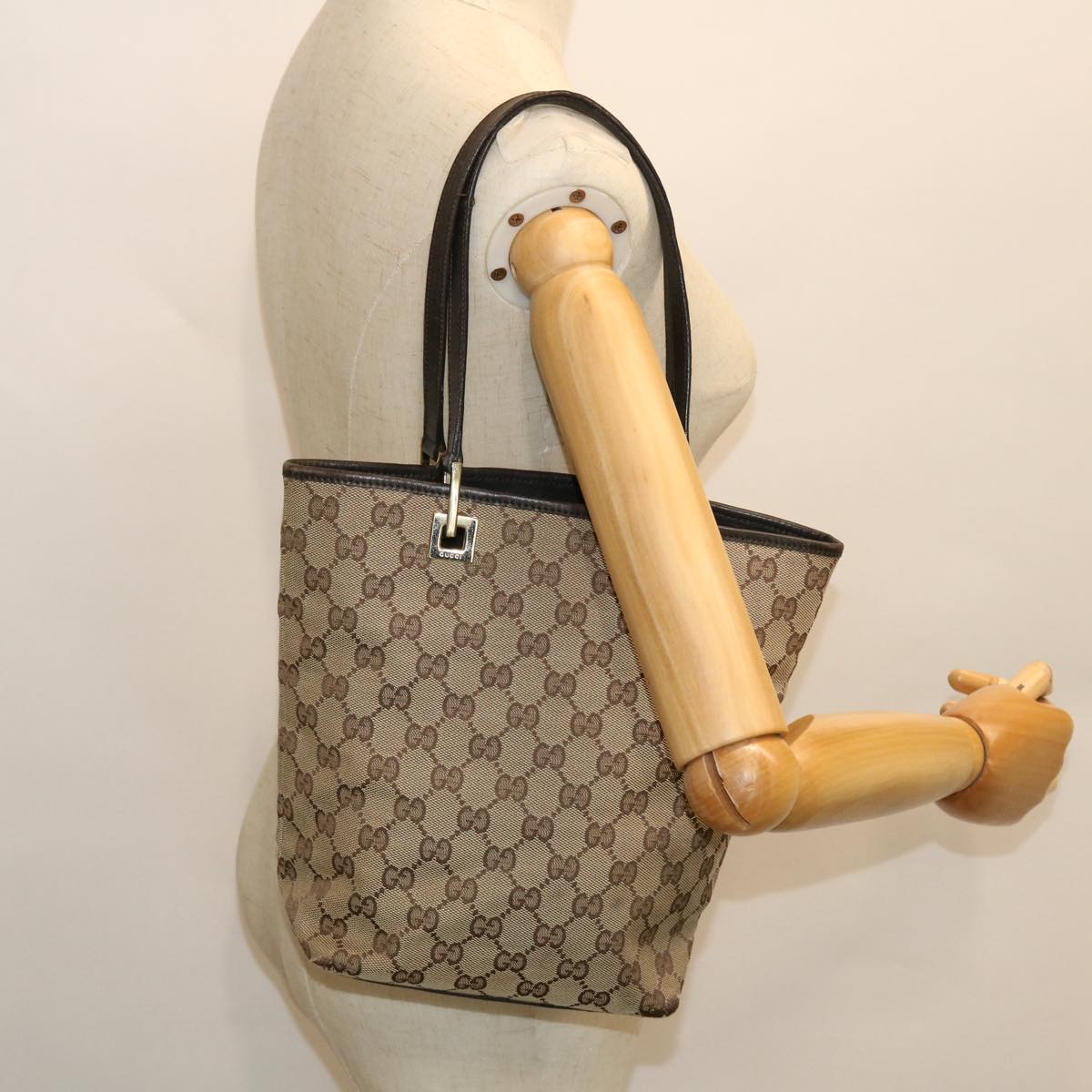 GUCCI GG Canvas Tote Bag Beige Dark Brown 002214 ac2134