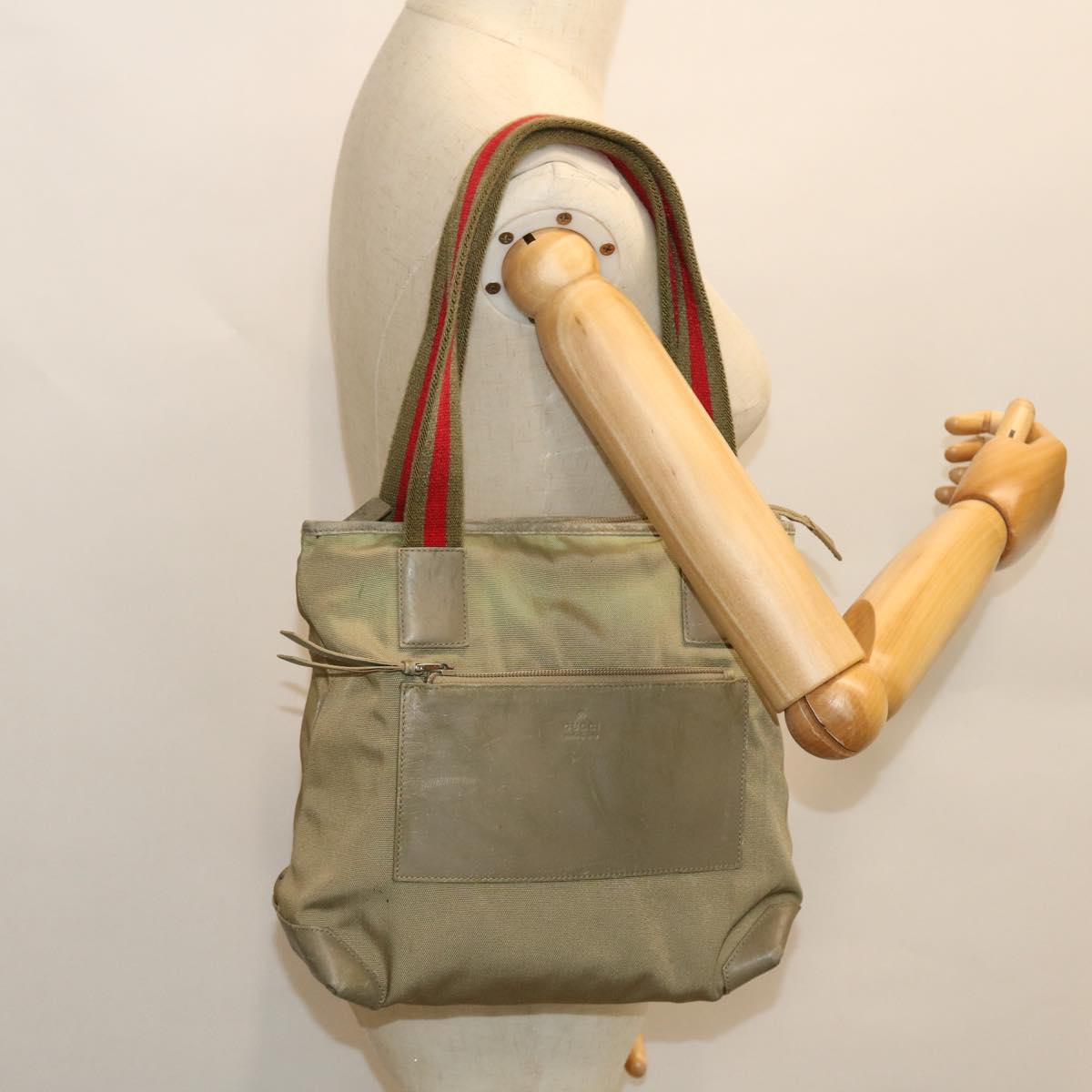 GUCCI Sherry Line Tote Bag Nylon Khaki Red 019 0402 1705 ac2136
