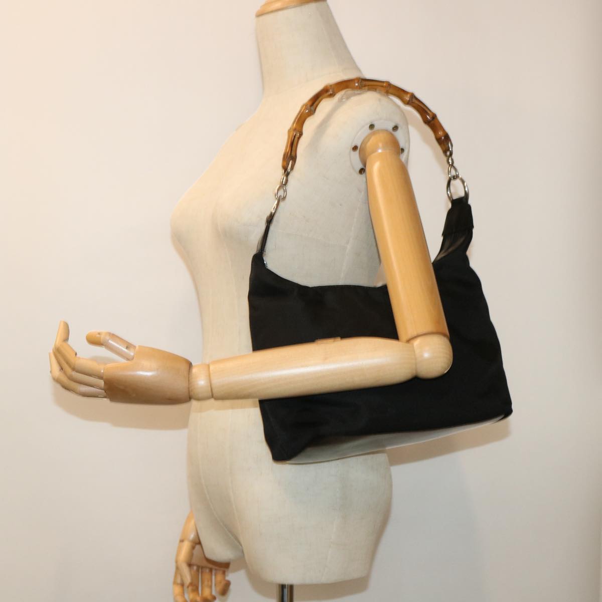 GUCCI Bamboo Shoulder Bag Nylon Black ac2138