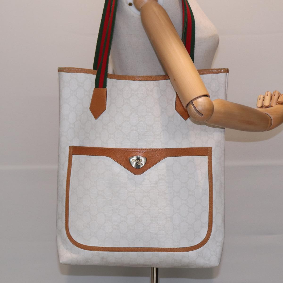 GUCCI GG Plus Supreme Web Sherry Line Tote Bag PVC Leather White Red ac3160