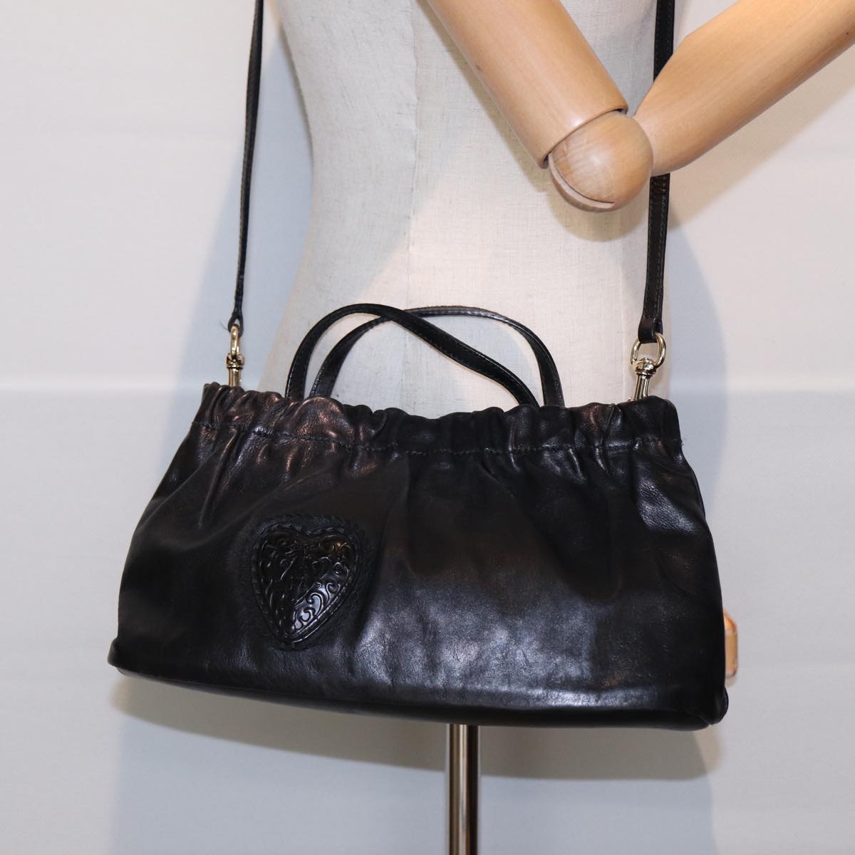GUCCI Hand Bag Leather 2way Black Gold 212994 ac3216