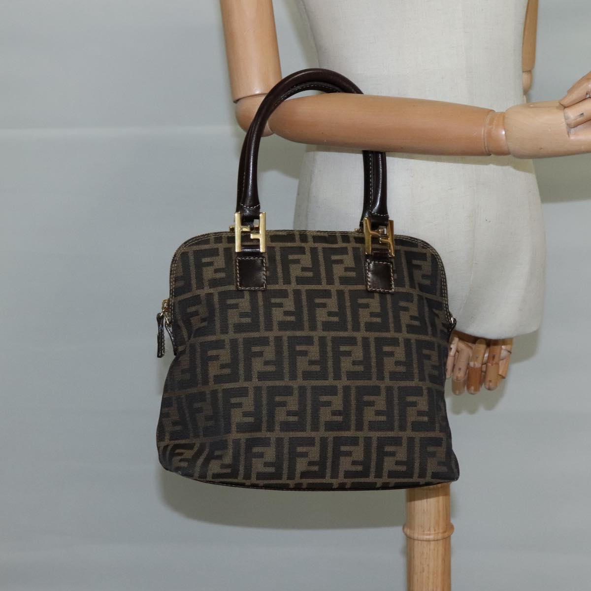 FENDI Zucca Canvas Hand Bag Brown Black gold ac3464