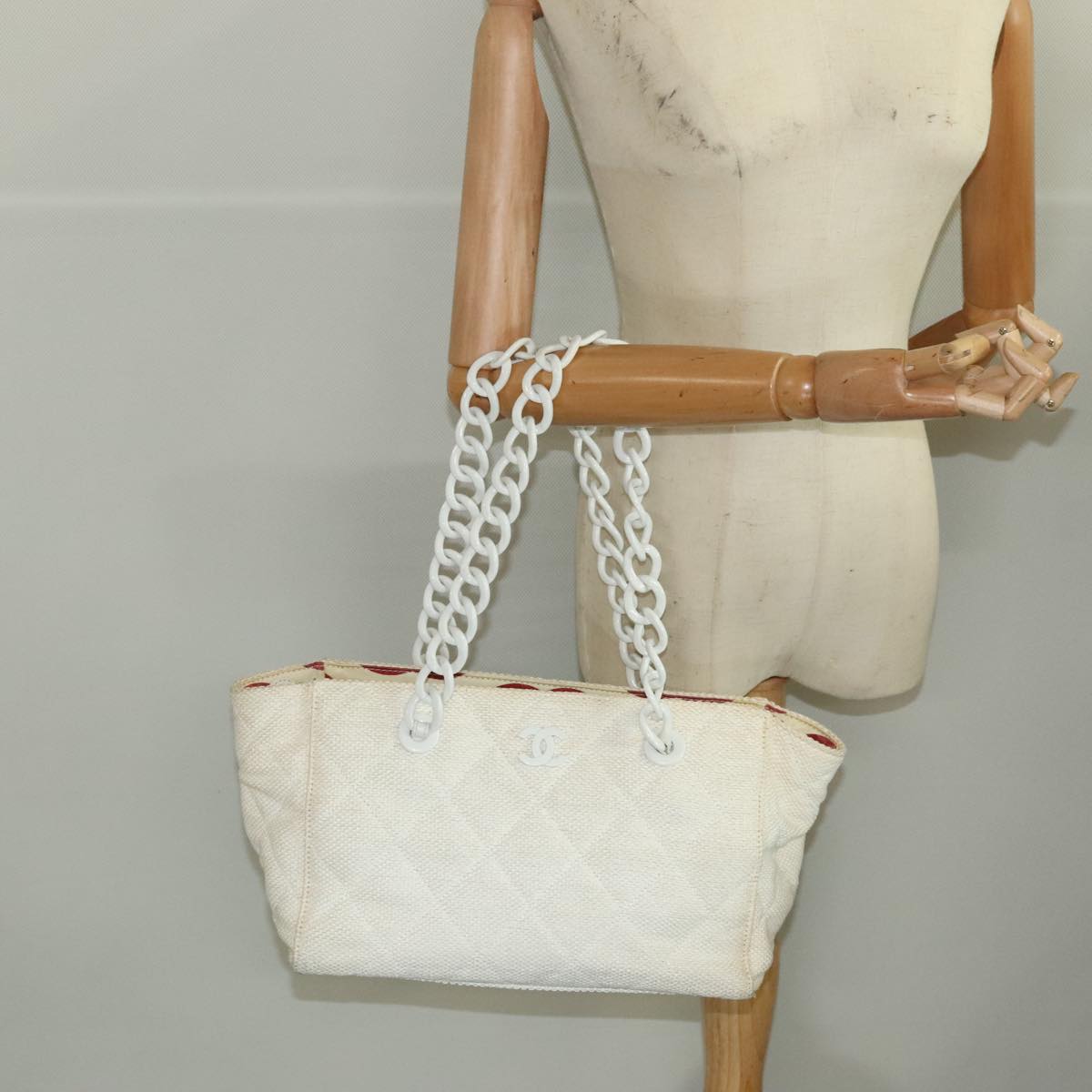 CHANEL Matelasse Chain Tote Bag Straw White CC ac3478
