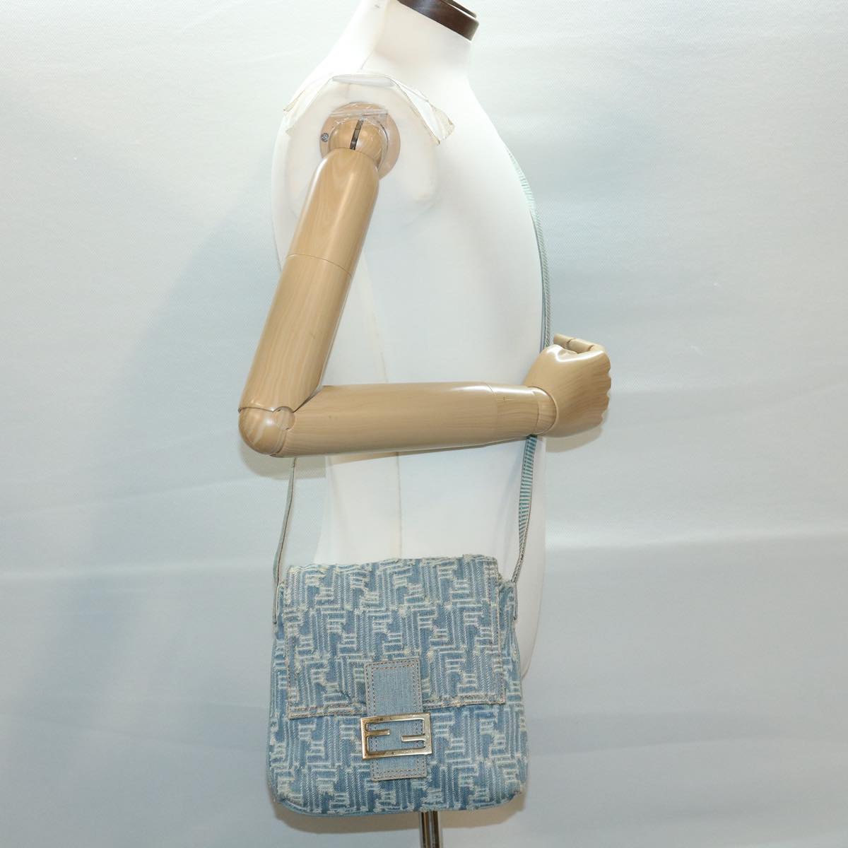 FENDI Zucca Canvas Mamma Baguette Shoulder Bag Blue am3268A