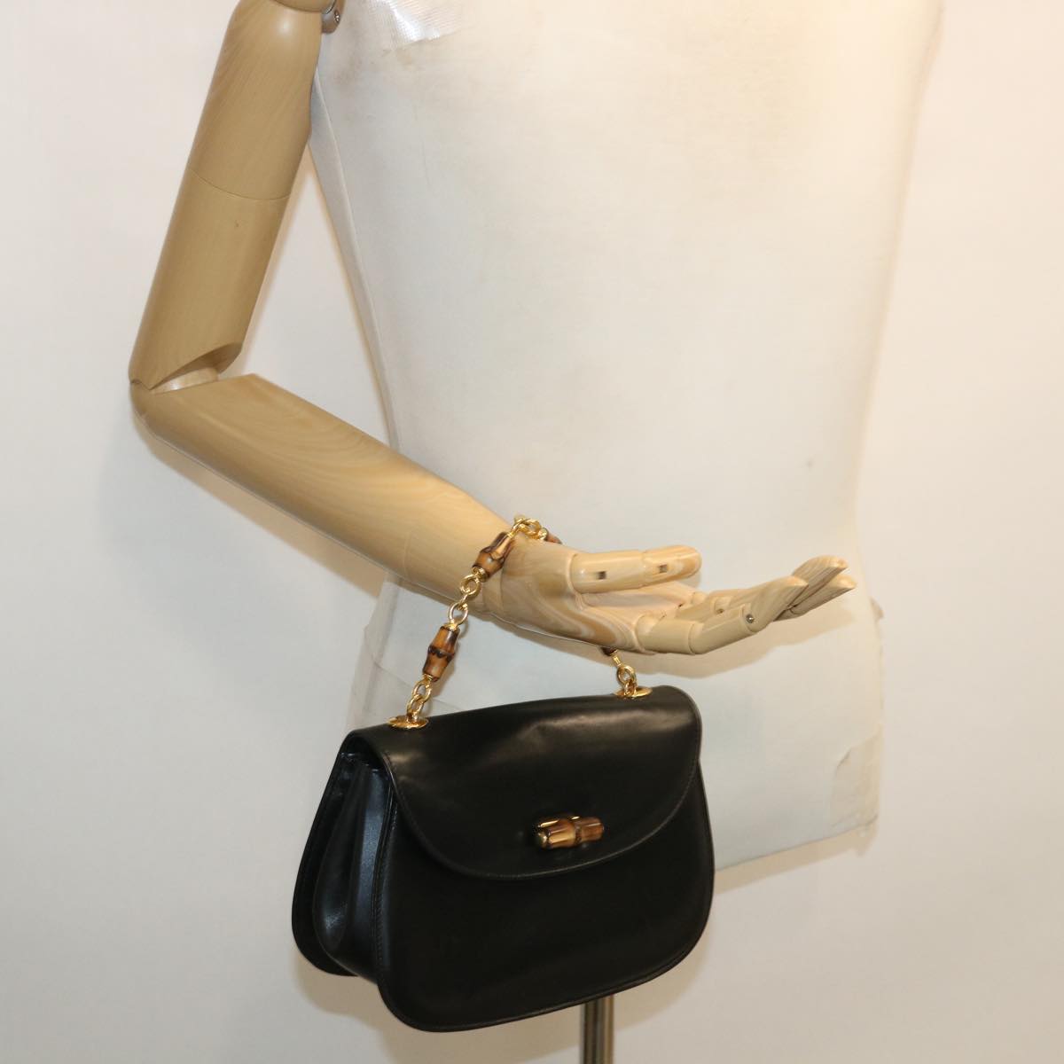 GUCCI Bamboo Chain Hand Bag Leather Black 0011151497 am3810