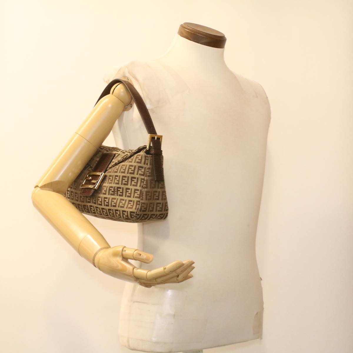 FENDI Zucca Canvas Mamma Baguette Shoulder Bag Nylon Brown Black am3973