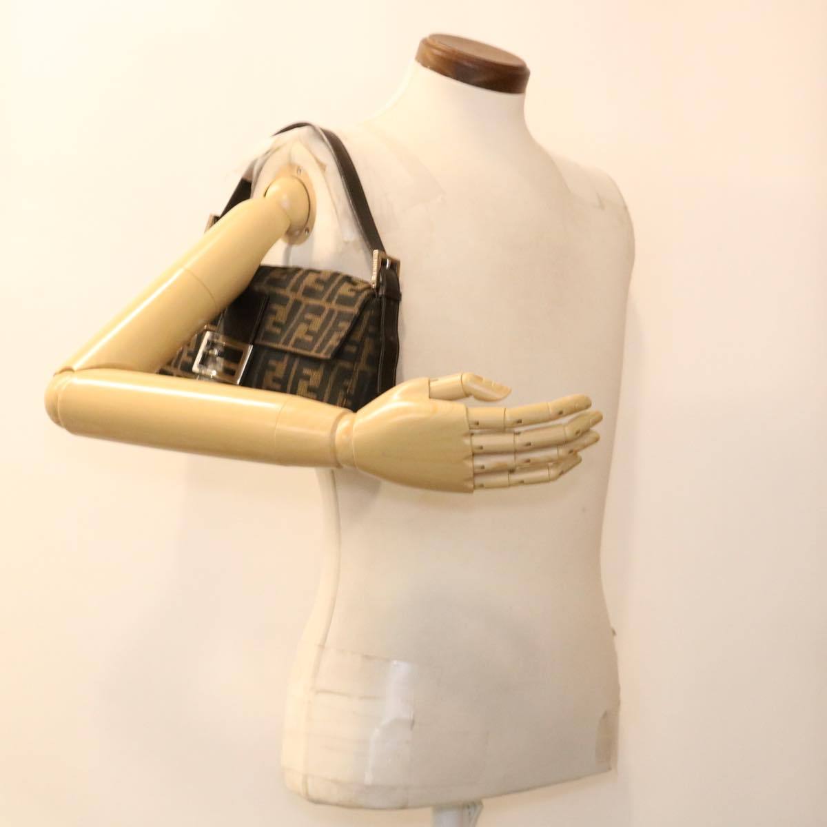 FENDI Zucca Canvas Mamma Baguette Shoulder Bag Brown Black 232126424 am4025
