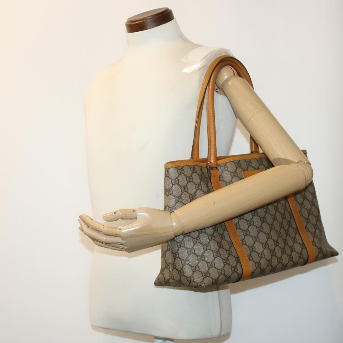 GUCCI GG Canvas Tote Bag PVC Leather Beige am4287