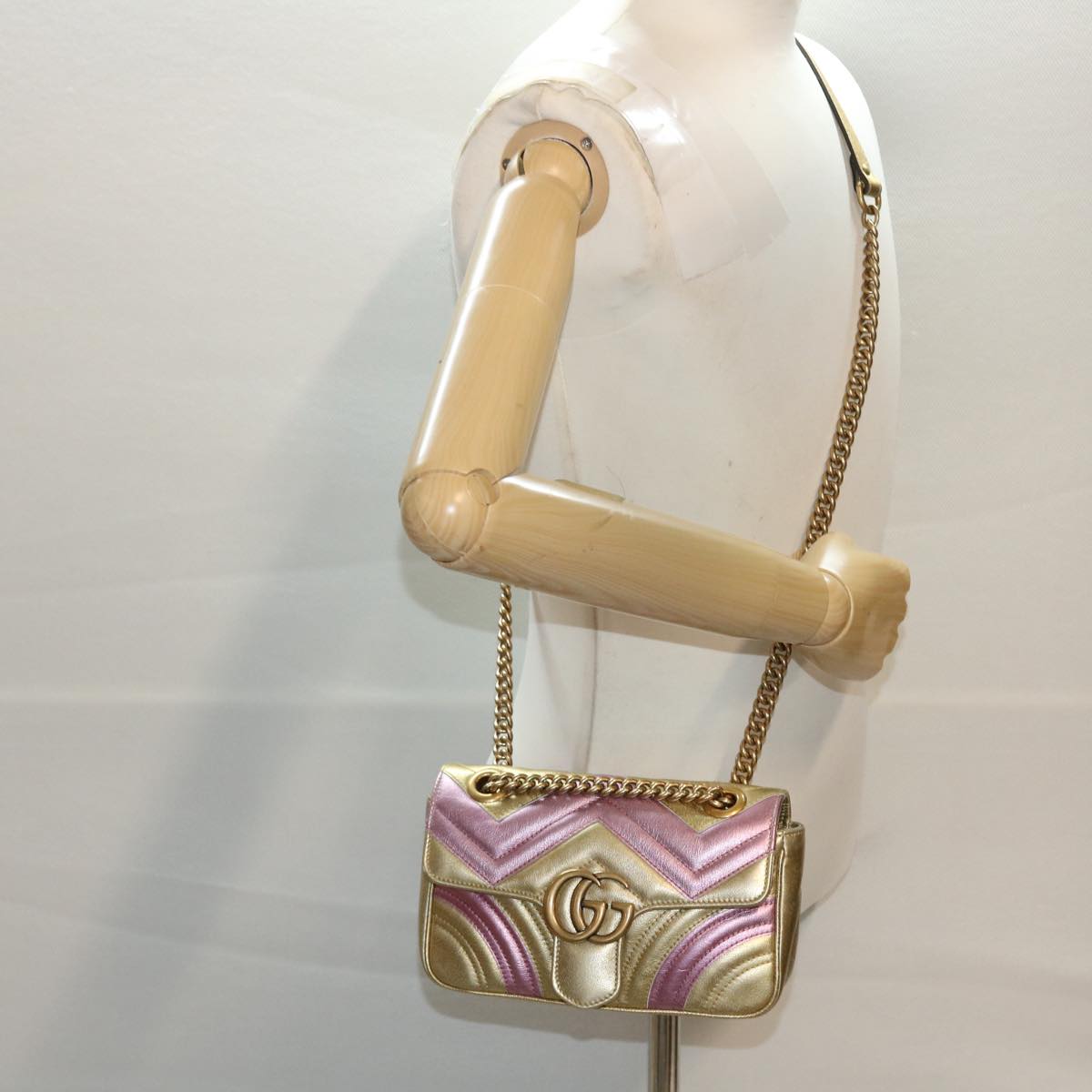 GUCCI GG Marmont Chain Shoulder Bag Leather Gold 446744 am4580