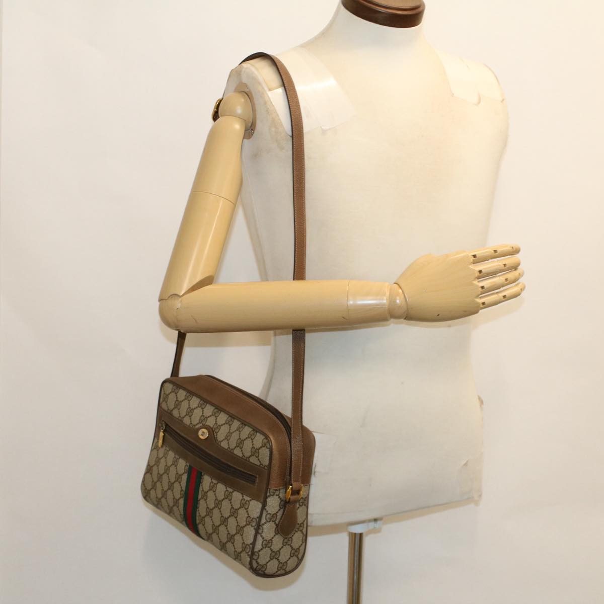 GUCCI GG Canvas Web Sherry Line Shoulder Bag PVC Leather Beige Red am4836