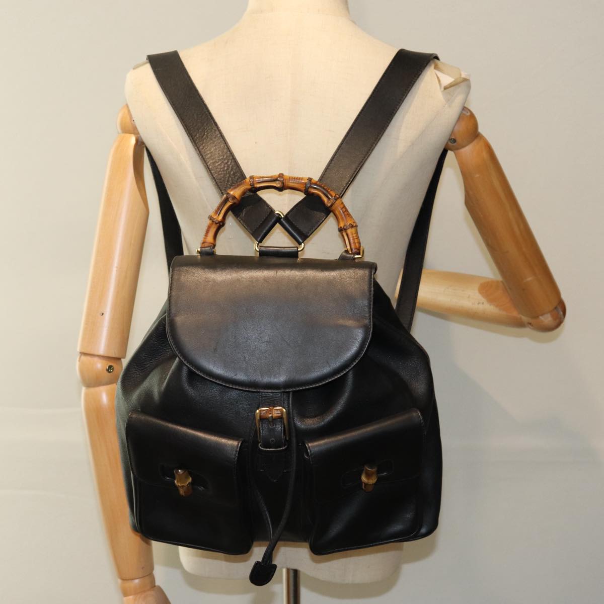 GUCCI Bamboo Backpack Leather Black am6663