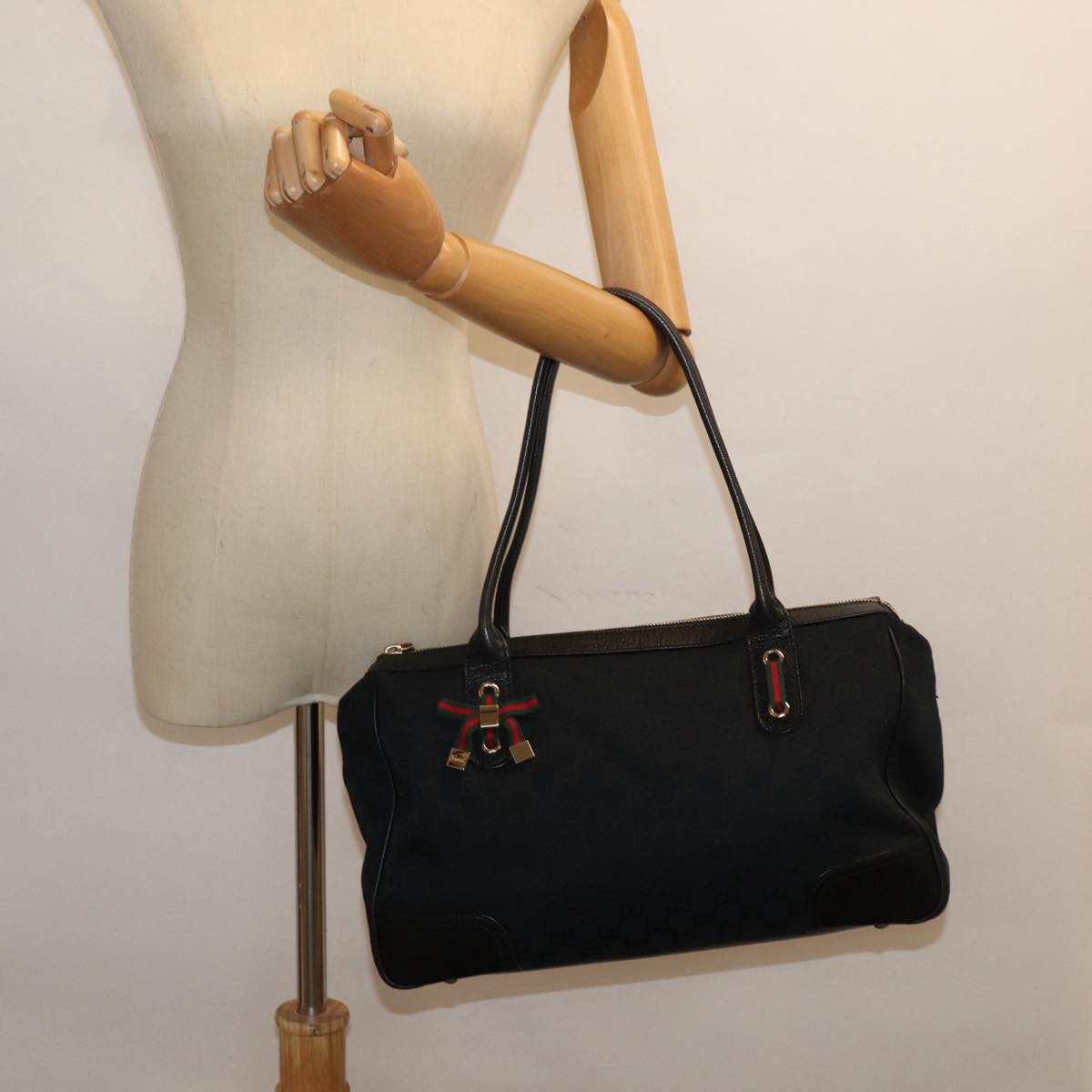 GUCCI Pretty GG Canvas Web Sherry Line Hand Bag Black Gold 177052 am6773