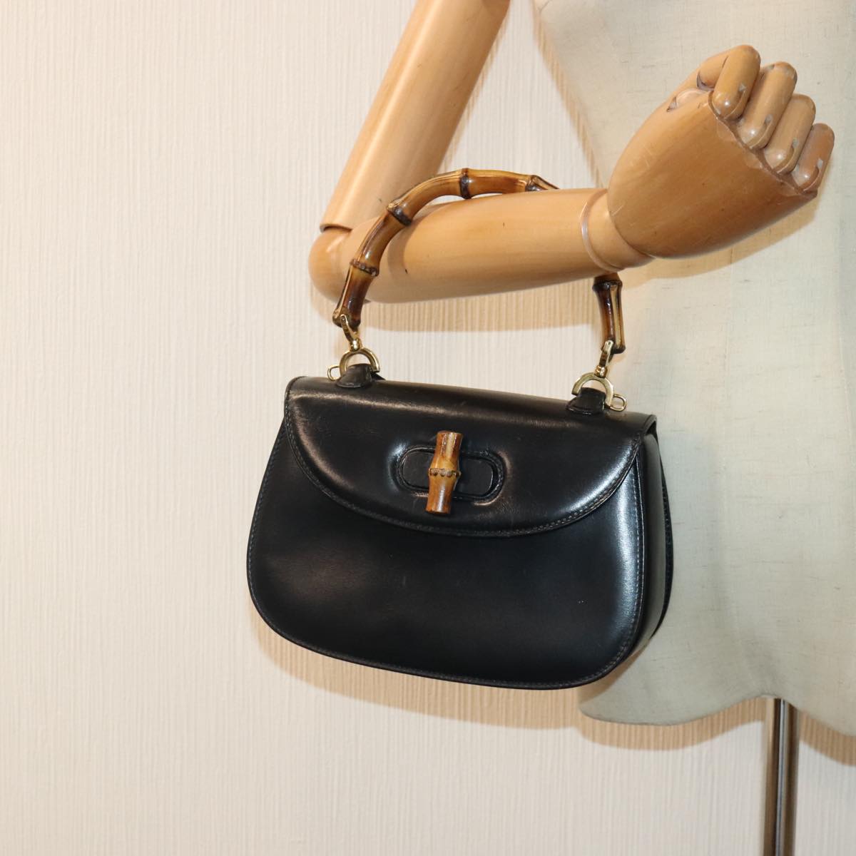 GUCCI Bamboo Hand Bag Leather Black Gold 000 2046 0188 am6870