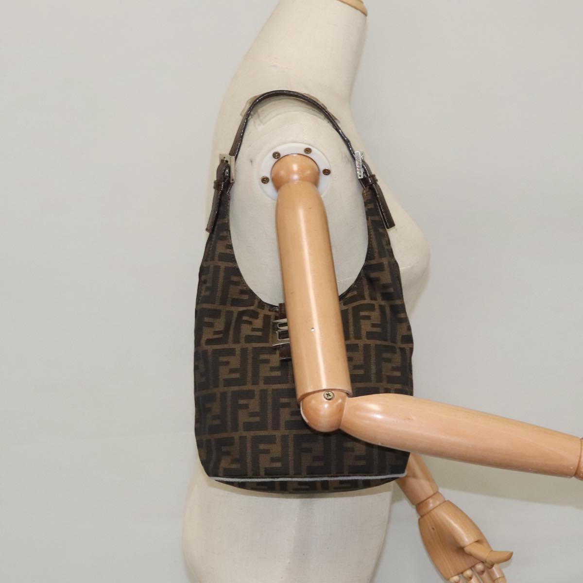 FENDI Zucca Canvas Mamma Baguette Hand Bag Brown Black Silver am7106
