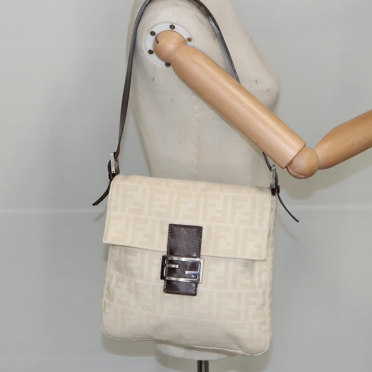 FENDI Zucca Canvas Mamma Baguette Shoulder Bag Beige Silver am7156