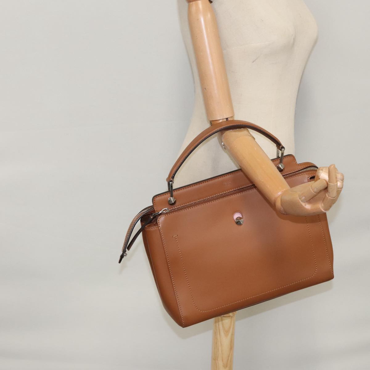 FENDI Dot Com Hand Bag Leather 2way Brown am7530