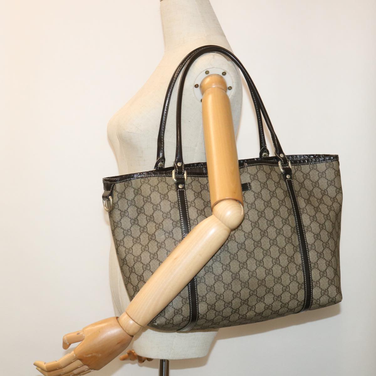 GUCCI GG Canvas Tote Bag PVC Leather Beige 197953 ar10063