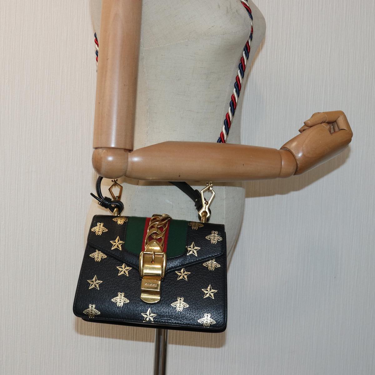 GUCCI Web Sherry Line Silvi Hand Bag Leather Black Red Green 470270 ar12097