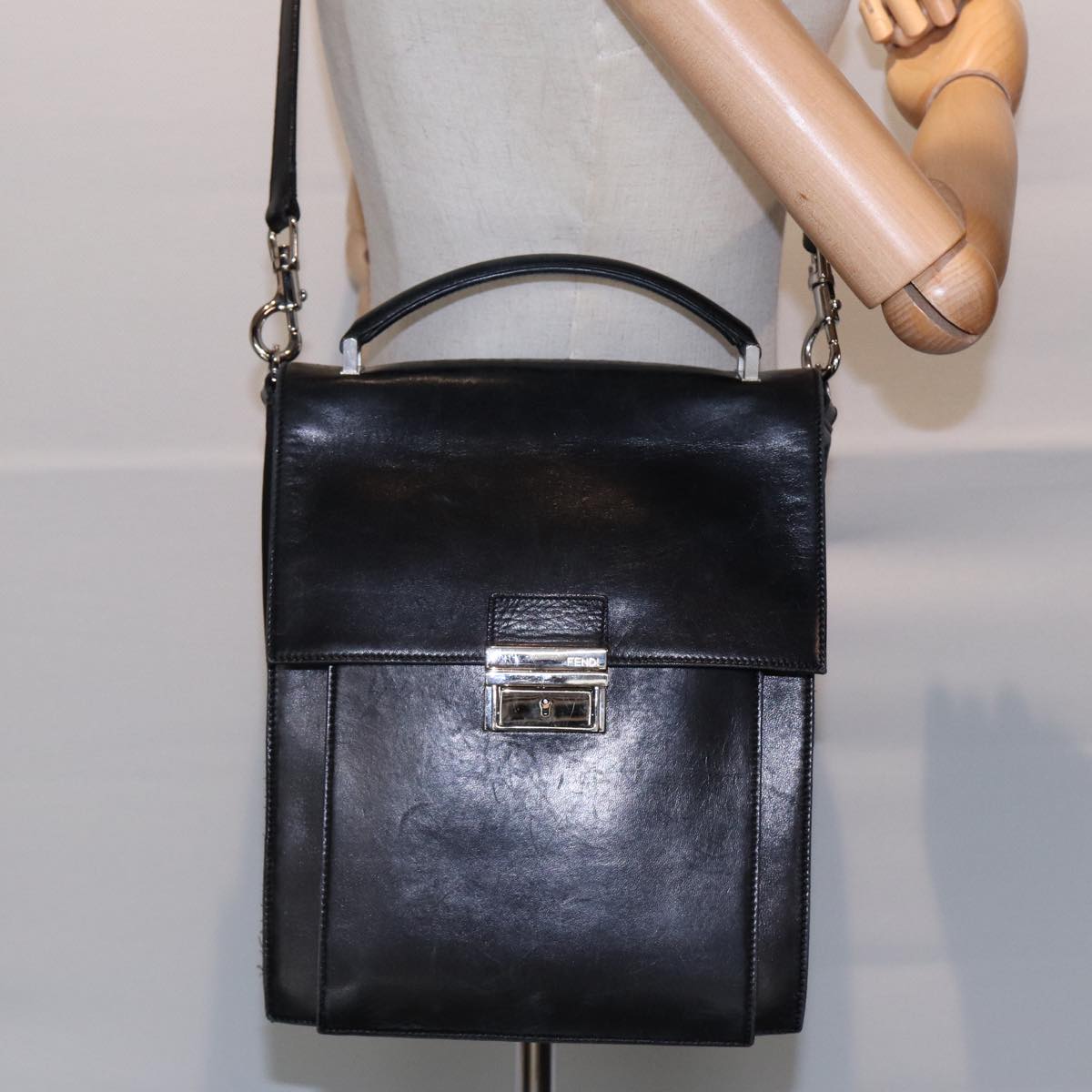 FENDI Hand Bag Leather 2way Black Silver ar12462