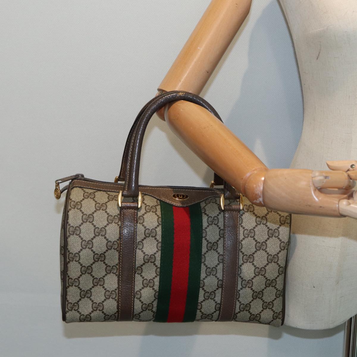 GUCCI GG Supreme Web Sherry Line Boston Bag PVC Beige 69 02 006 ar12526