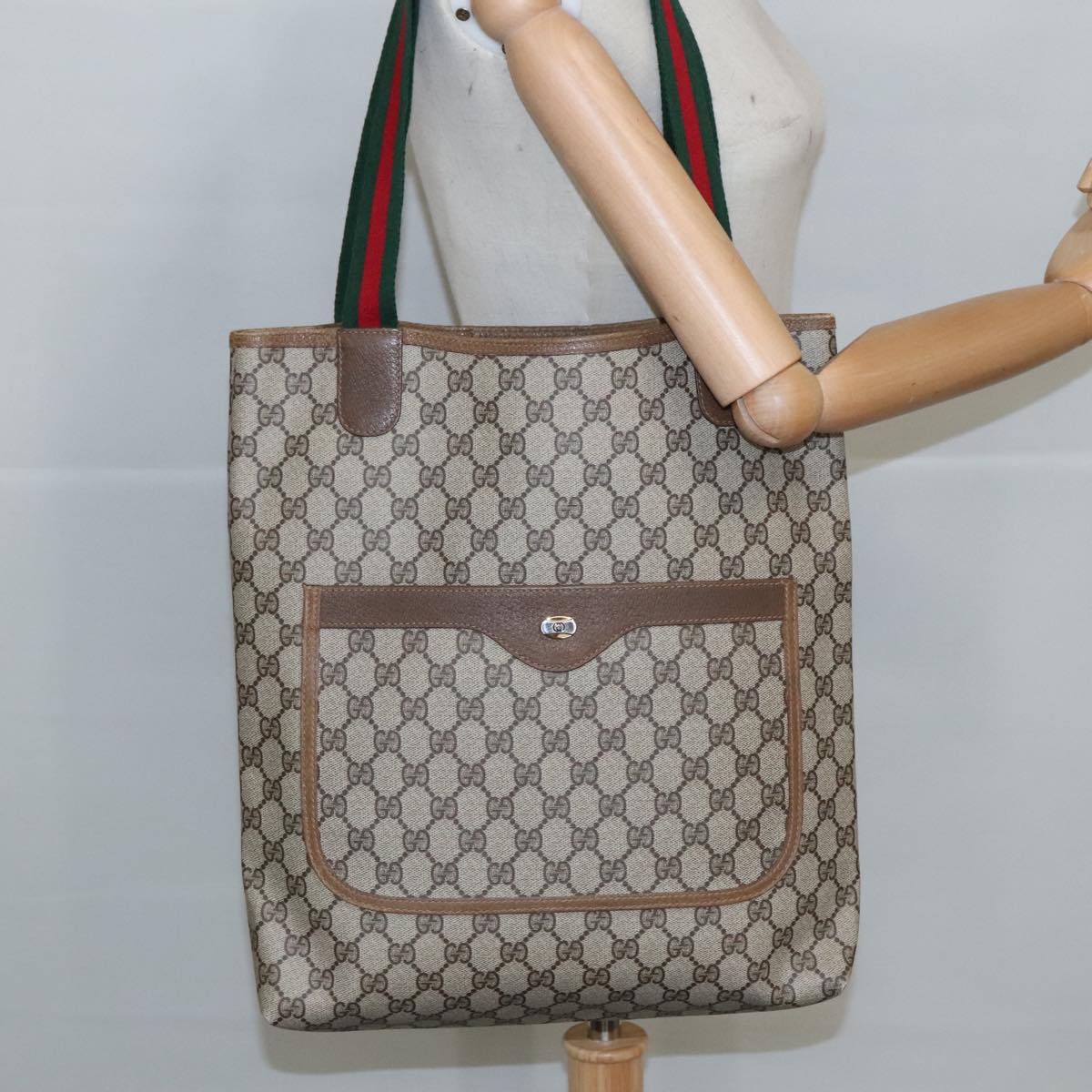 GUCCI GG Supreme Web Sherry Line Interlocking Tote Bag PVC Beige ar12821