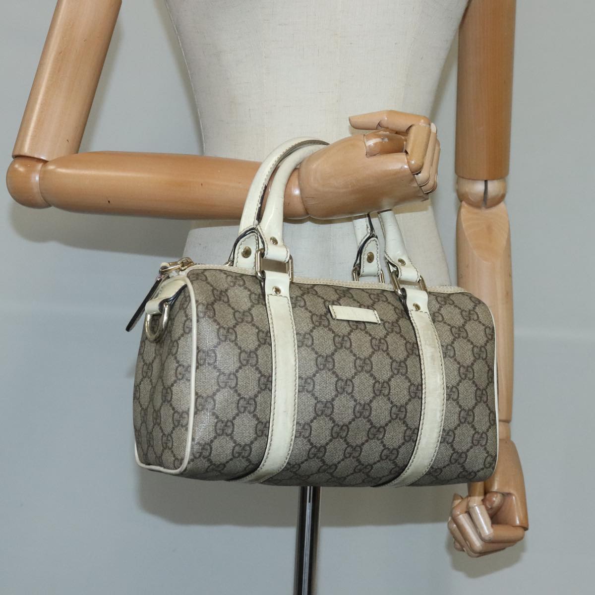 GUCCI GG Supreme Hand Bag PVC Leather Beige White Gold ar13008