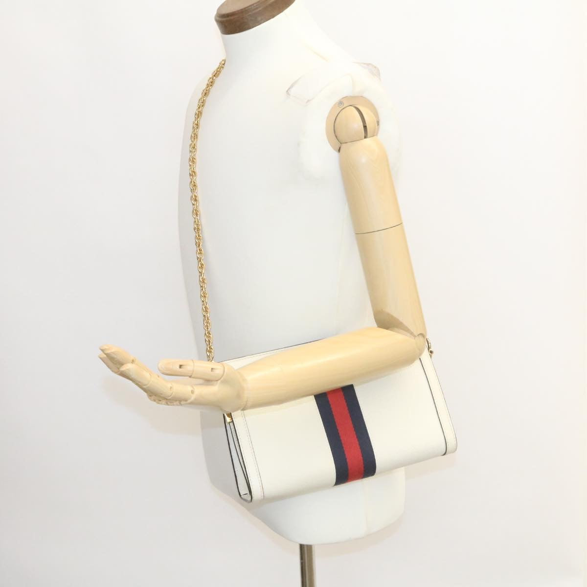 GUCCI Sherry Line Chain Shoulder Bag Leather White Red Navy ar5967