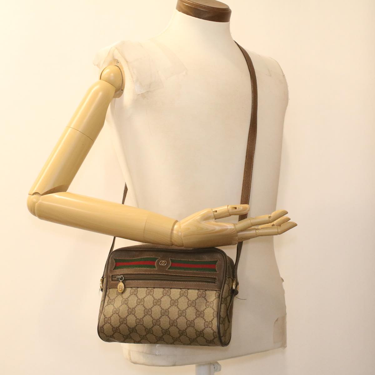 GUCCI GG Canvas Web Sherry Line Shoulder Bag Beige Red Green ar8987