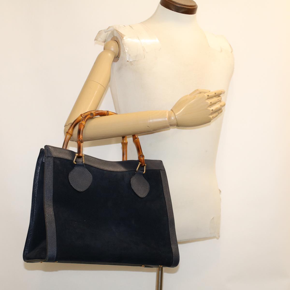 GUCCI Bamboo Hand Bag Suede Navy Brown ar9457