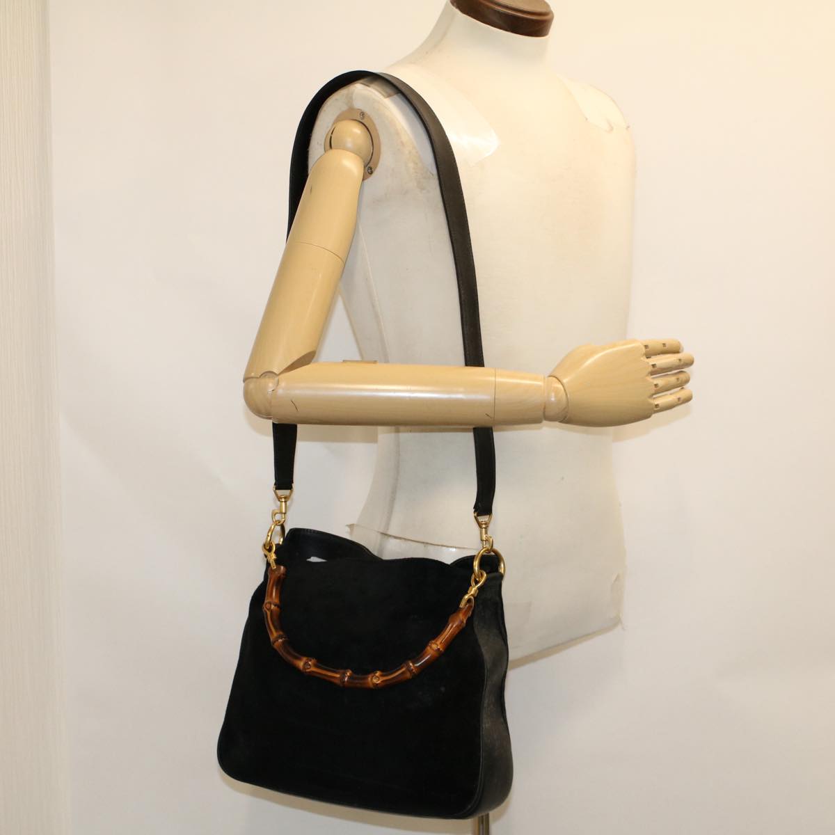 GUCCI Bamboo Shoulder Bag Suede 2way Black 001•1014•1638 ar9690B