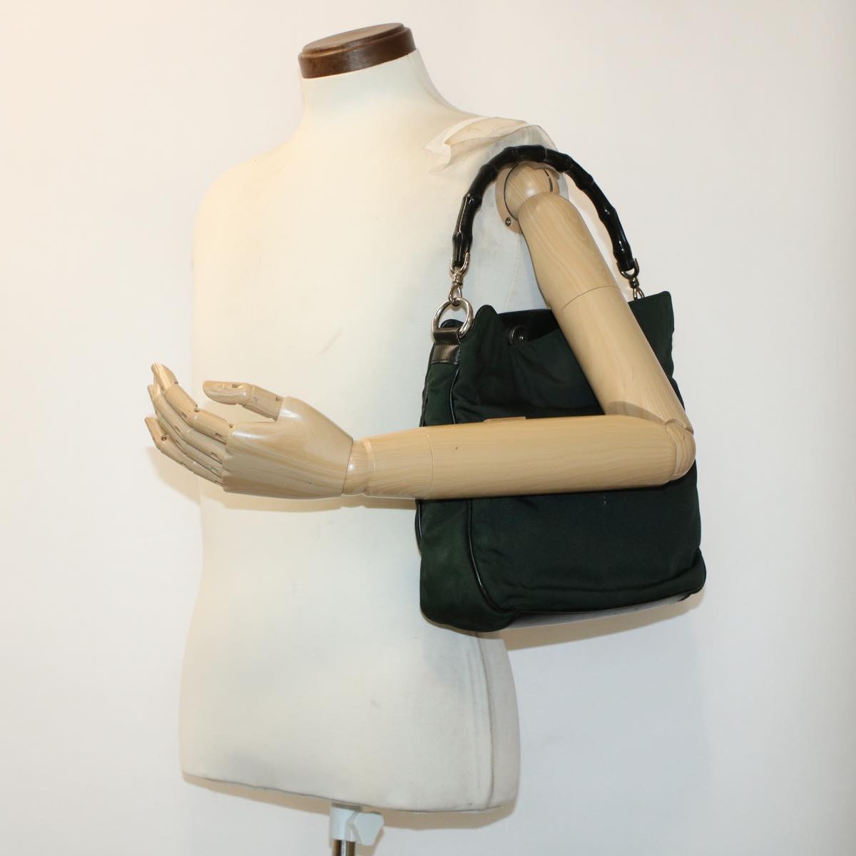 GUCCI Bamboo Shoulder Bag Nylon Leather Green 001 1638 3754 ar9698B