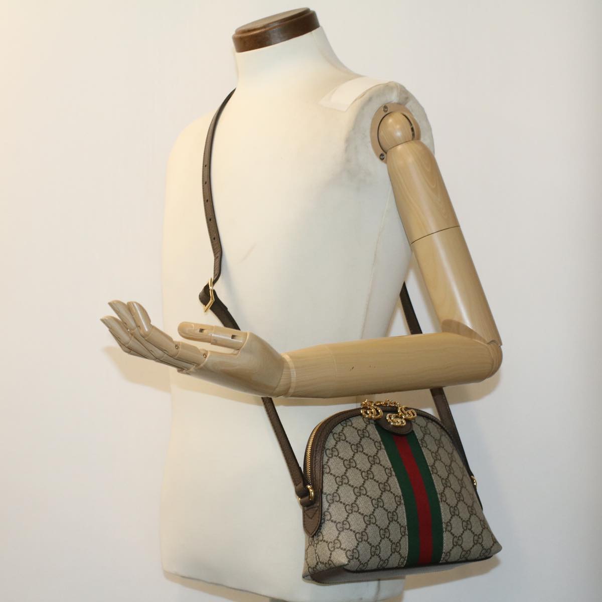 GUCCI GG Supreme Web Sherry Line Shoulder Bag PVC Leather Beige Green B002A