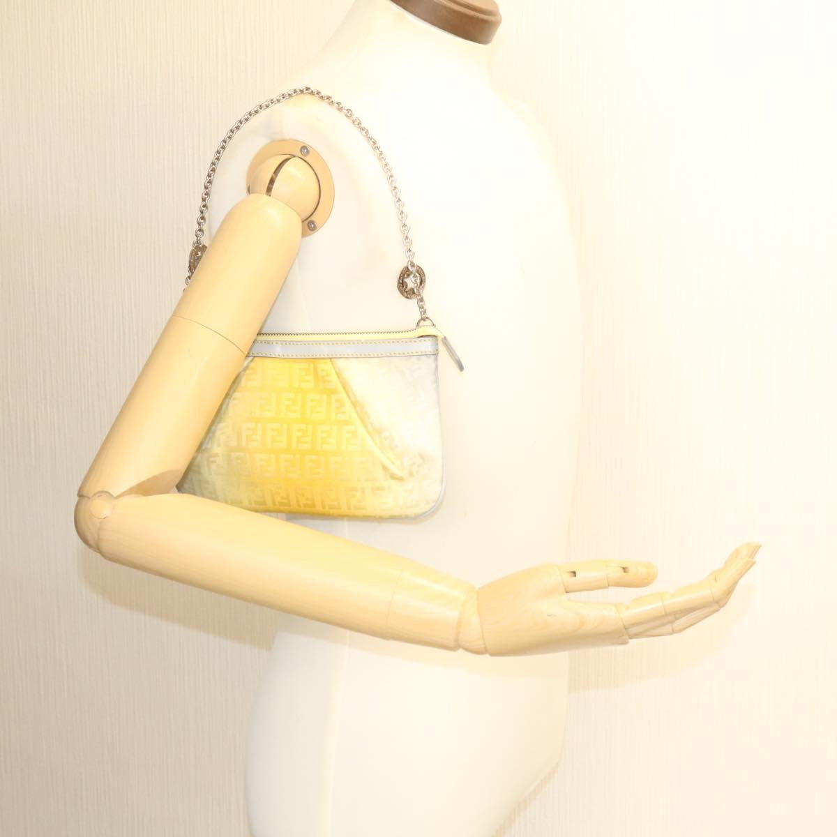 FENDI Zucchino Canvas Accessory Pouch Chain Yellow Gray am360b