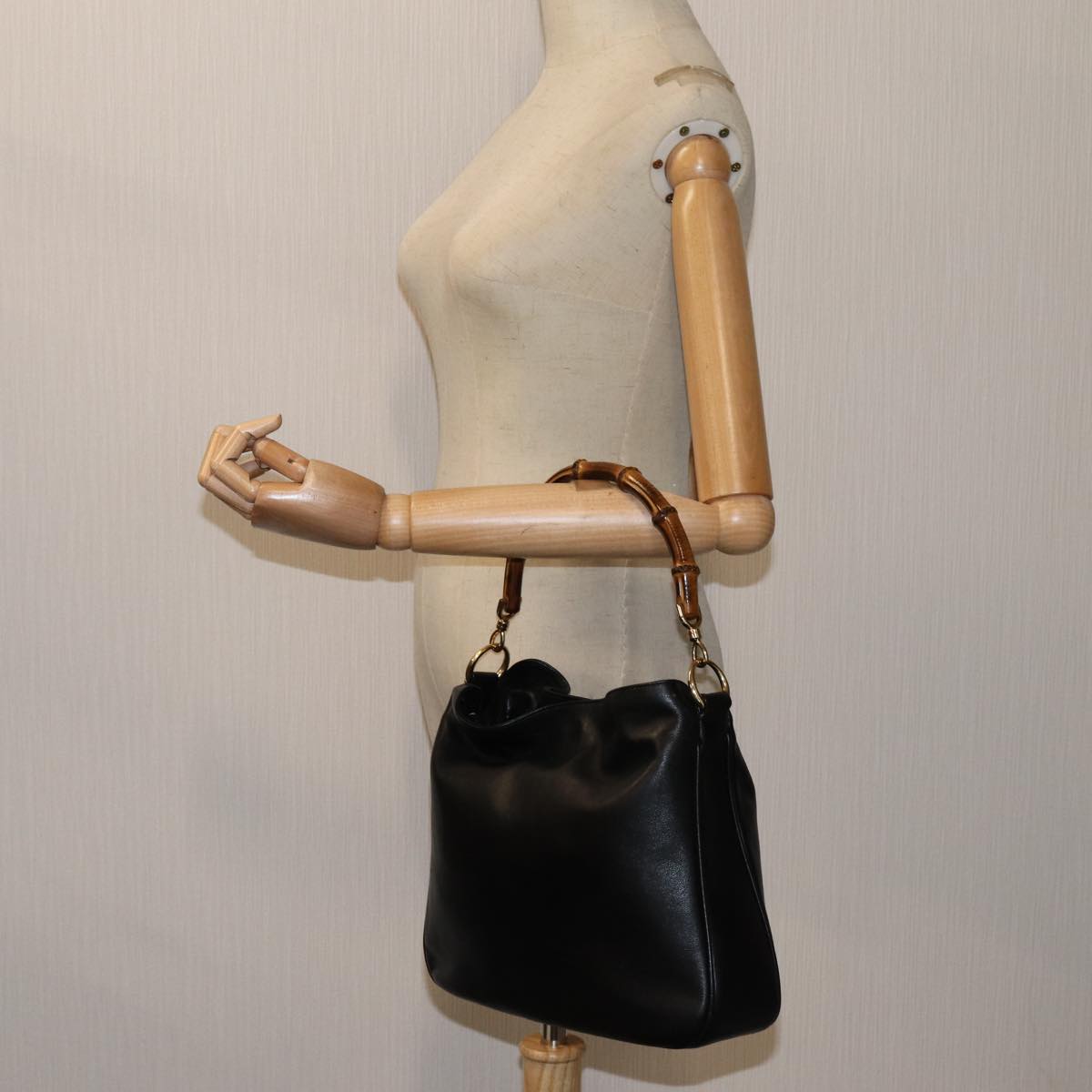 GUCCI Bamboo Shoulder Bag Leather 2way Black 001 1998 1638 bs13384