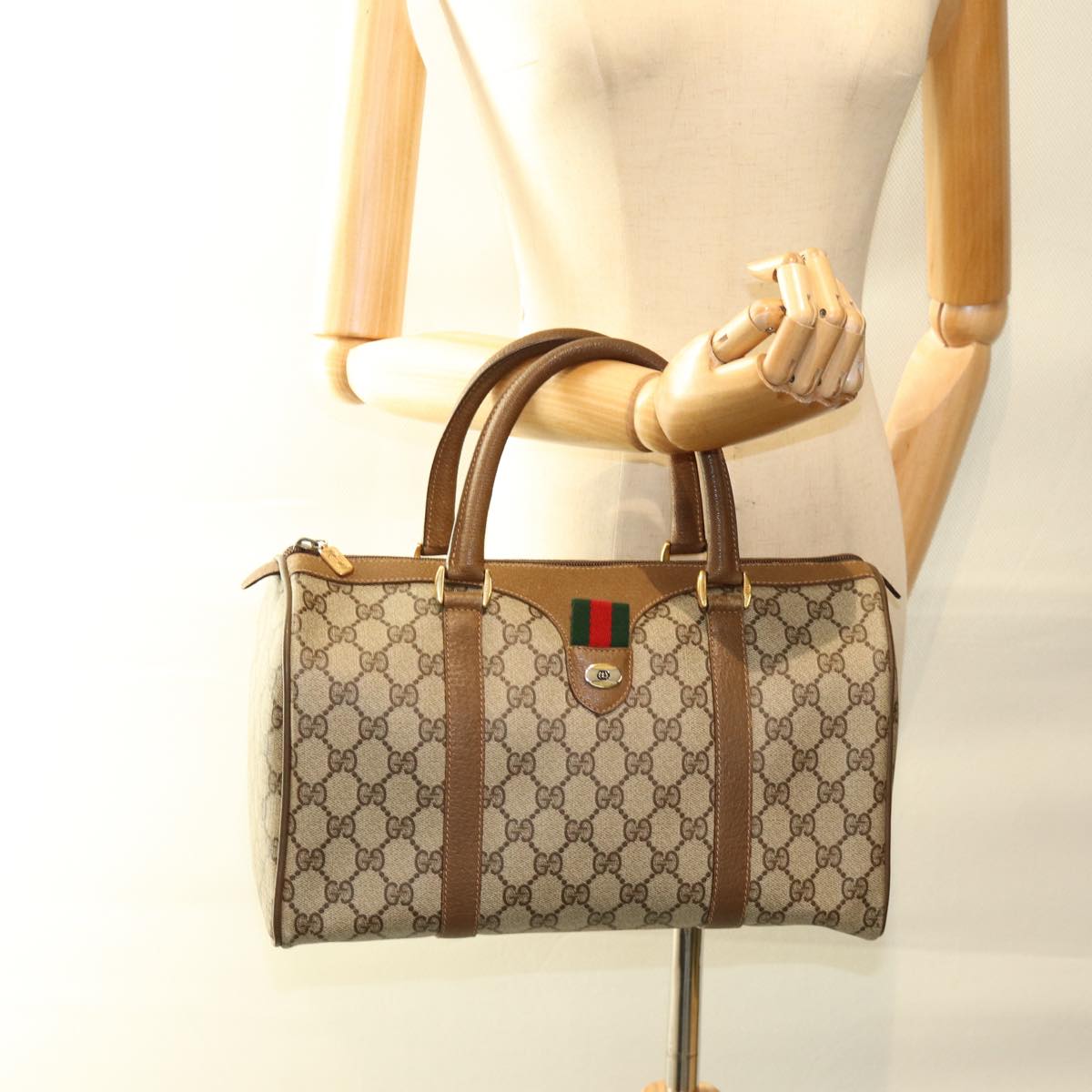 GUCCI GG Supreme Web Sherry Line Boston Bag Beige Red 111 02 007 bs14106