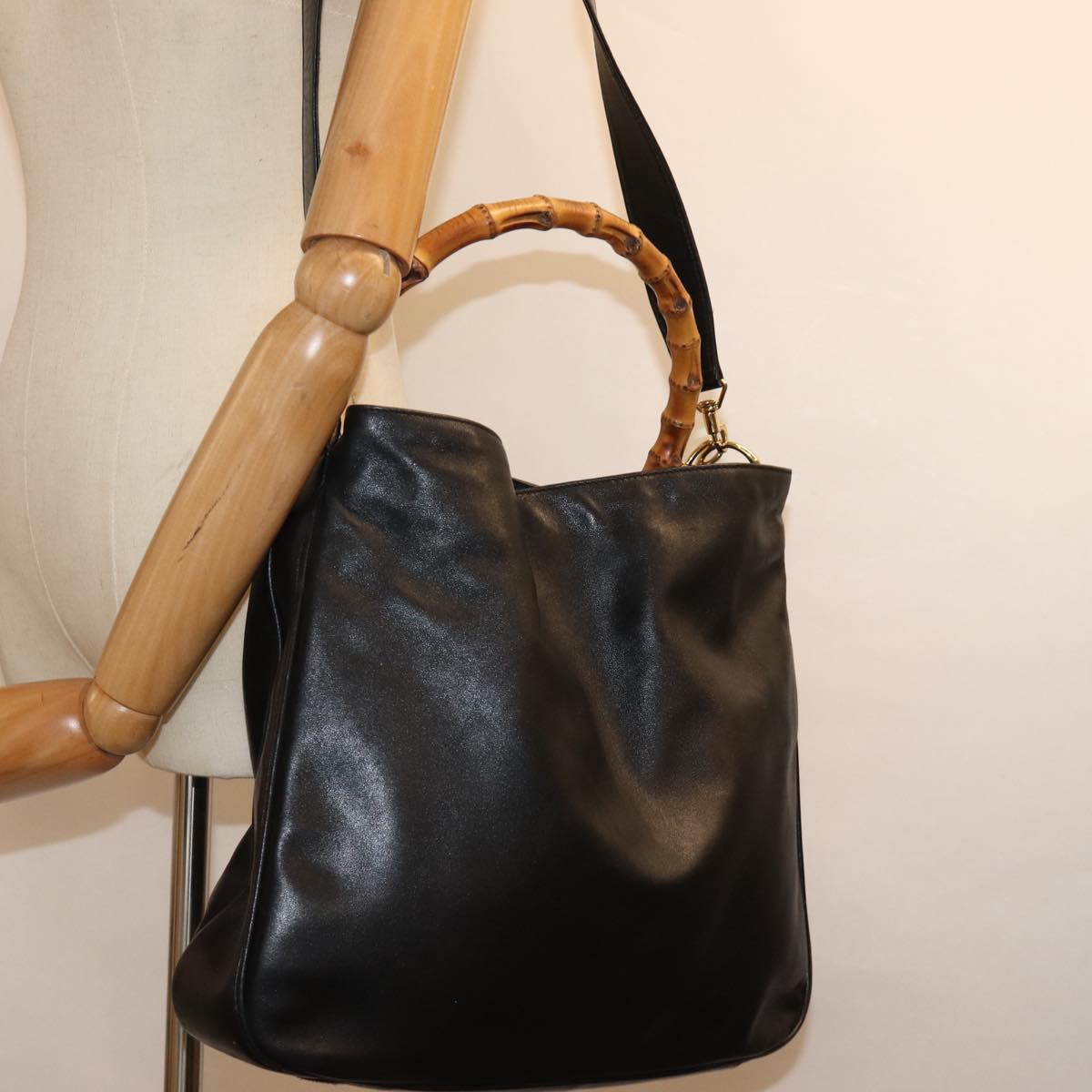 GUCCI Bamboo Hand Bag Leather 2way Black 001 1577 bs14679