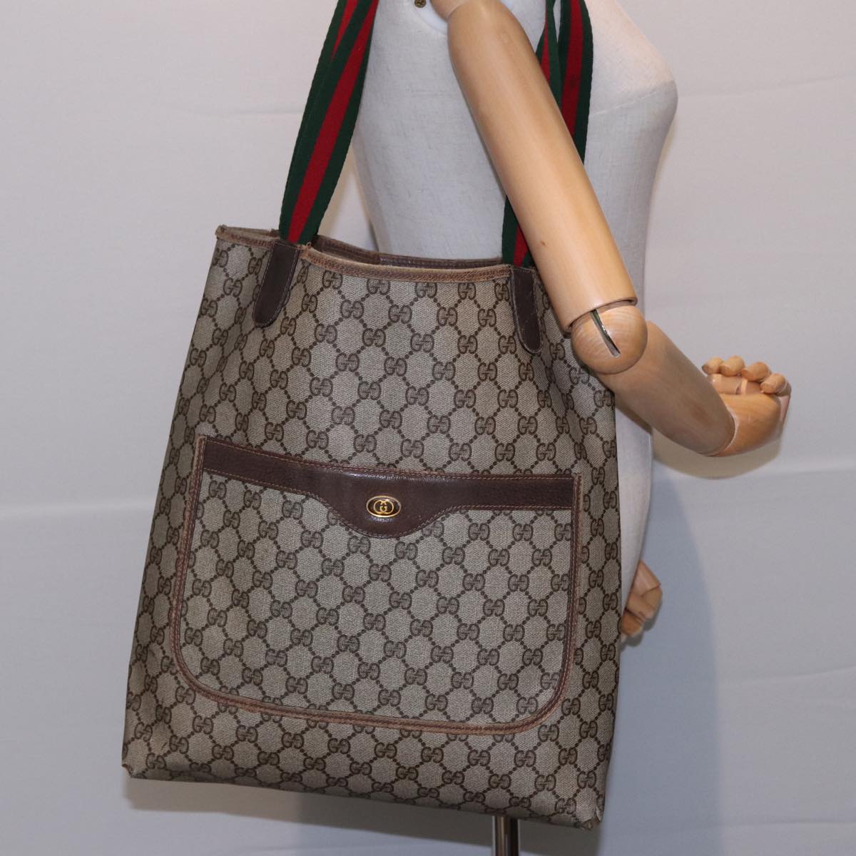 GUCCI GG Canvas Web Sherry Line Tote Bag PVC Leather Brown bs15255