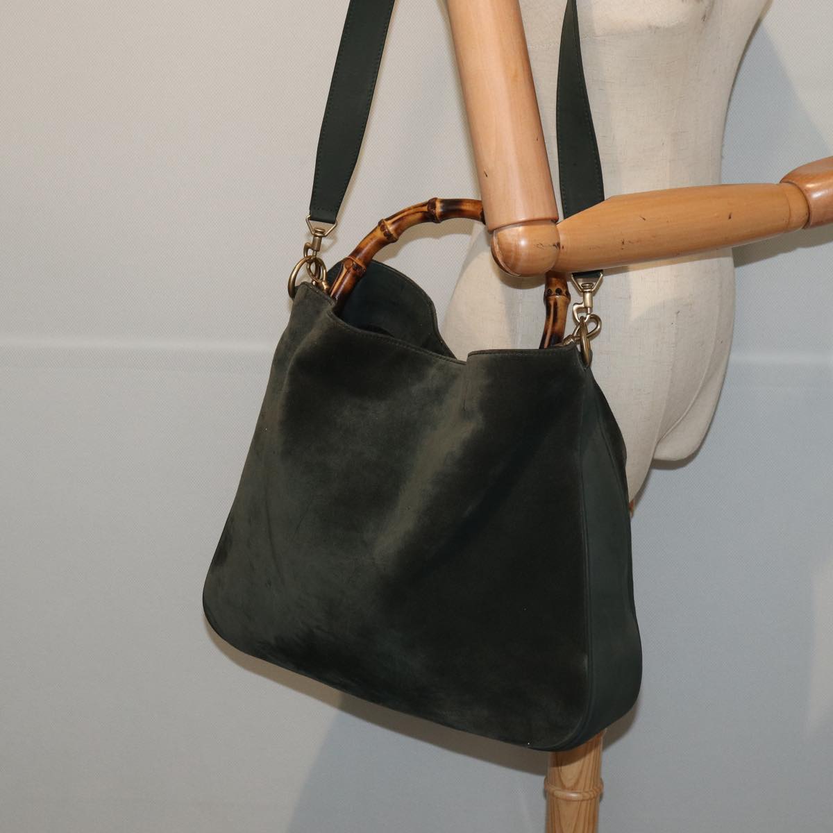 GUCCI Bamboo Hand Bag Suede 2way Khaki bs15257