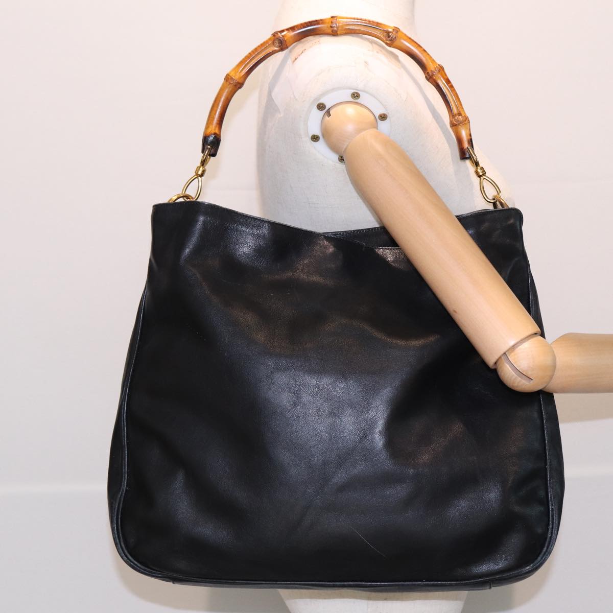 GUCCI Bamboo Hand Bag Leather Black 001 1577 bs15885