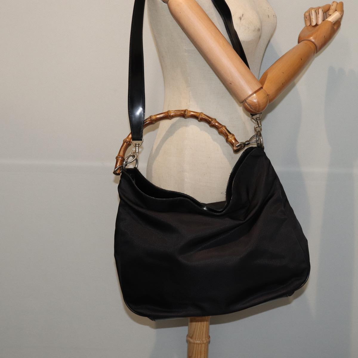 GUCCI Bamboo Shoulder Bag Nylon 2way Black 001 1998 1577 bs16235