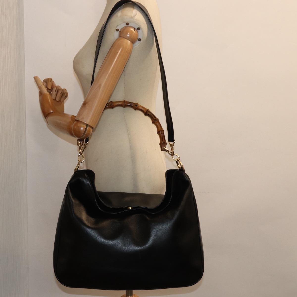 GUCCI Bamboo Hand Bag Leather 2way Black 001 0166 1577 bs16270